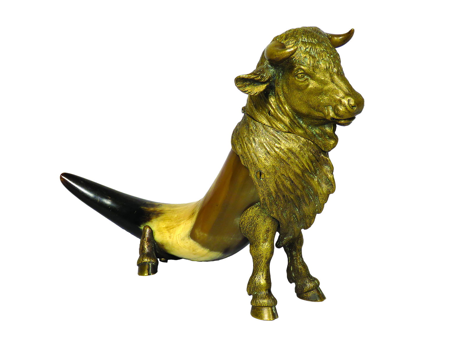 Antique Victorian Figural Inkwell: Antique Victorian Figural Inkwell. Bull horn with brass steer head. Hallmark on right hoof. No reservoir. 8 1/2 X 5 3/4 X 3 inches.