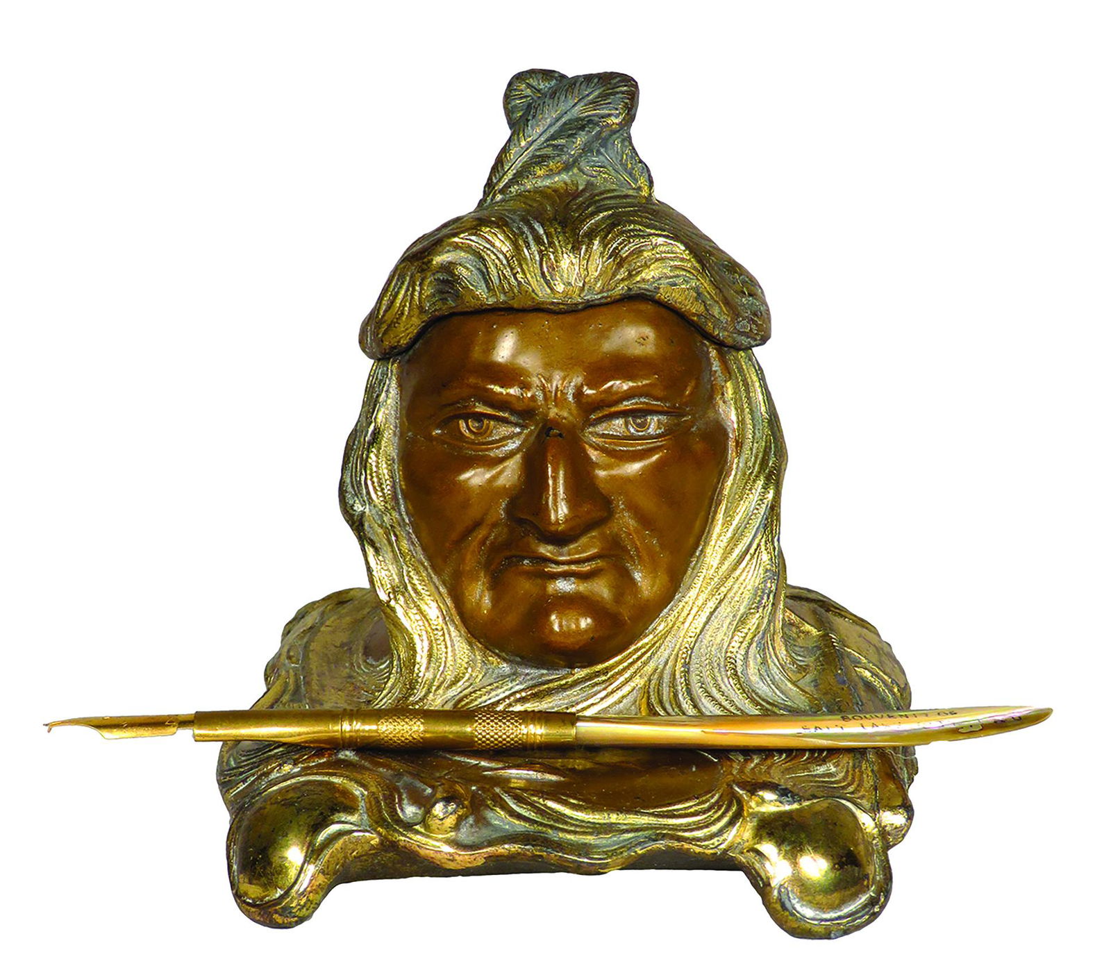 Antique Native American Motif Inkwell: Antique Native American Motif Inkwell. Enamel and gold wash over white metal, comes with souvenir abalone handled pen tip from Salt Lake City. 3 3/4 X 4 X 4 1/4 inches.