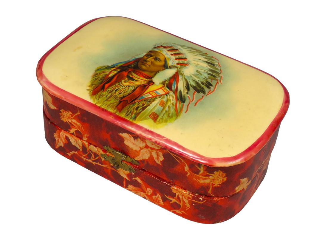 Antique Celluloid Native American Motif Dresser Box: Antique Celluloid, Native American Indian Motif Dresser Box. No contents but original satin lining. 7 3/4 X 3 X 4 1/2 inches.