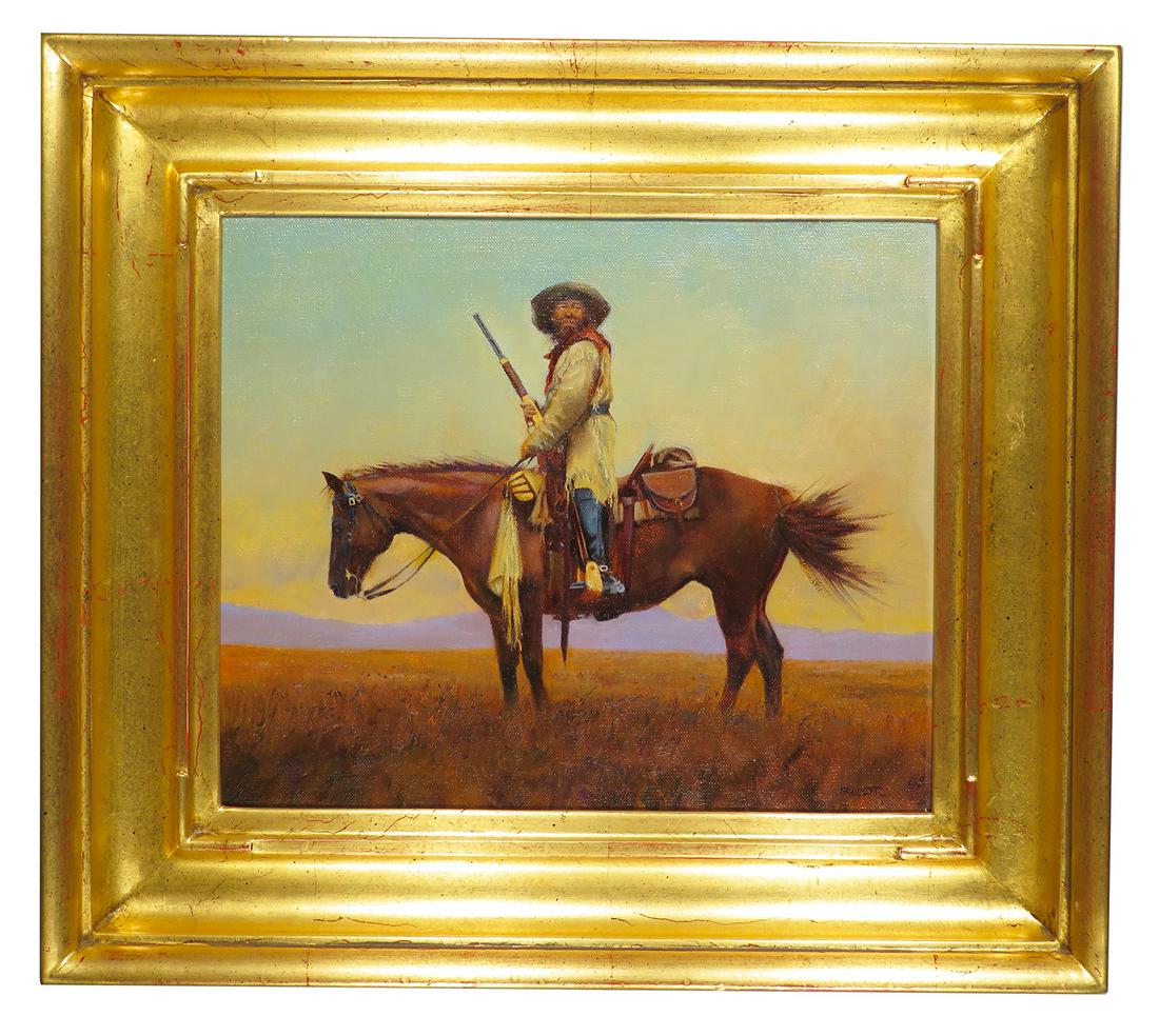 Oil on Canvas Western Americana Painting: Oil on Canvas, on Panel Western Americana Painting entitled "The Scout" by John Fawcett (1952- ) 9 1/2 X 11 1/2 inches.