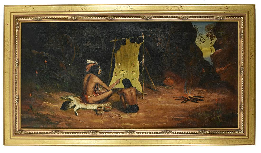 Oil on Canvas Native American Indian Painting: Early Antique Oil on Canvas, Native American Indian Painting. Depicting Native American Indians painting a animal hide. 11 1/2 X 23 1/2 inches.