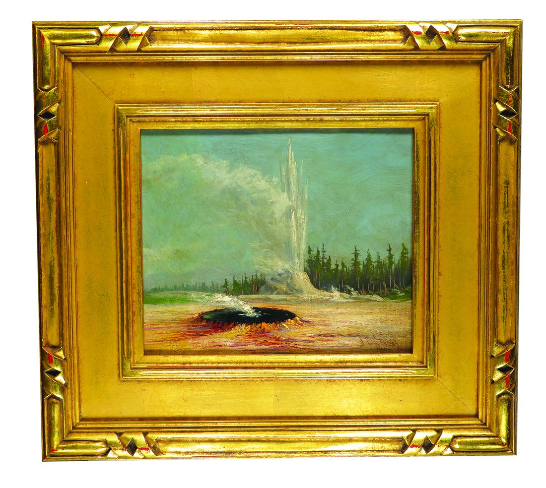 Oil on Canvas Yellowstone National Park Painting: Oil on Canvas, Yellowstone National Park Painting by artist J.E. Stuart (1852-1941). Depicting Old Faithful, Castle and Devils well. Described by artist on back of canvas. 9 1/2 X 11 1/2 inches.