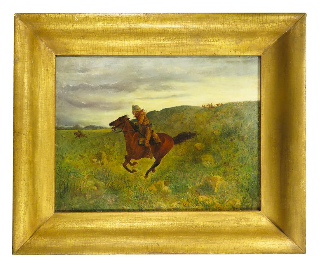 Oil on Canvas Western Americana Painting: Early Antique Oil on Canvas, Western Americana Painting. Early painting depicting Pony Express rider in deep shadow box frame. 12 X 16 inches.
