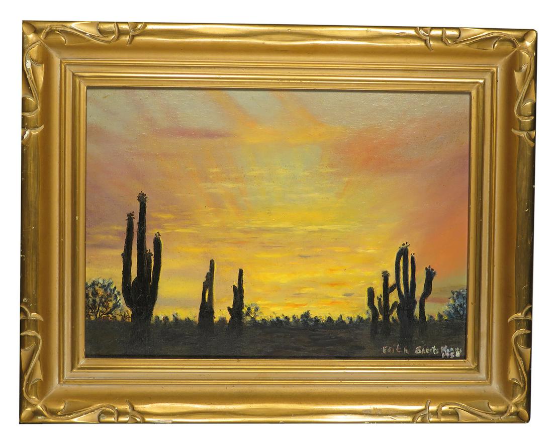 Oil on Board Southwest Landscape Painting: Oil on Board, Southwest Landscape Painting by Edith Sheets-1958. Depicting desert sunset. 9 1/2 X 13 1/2 inches.