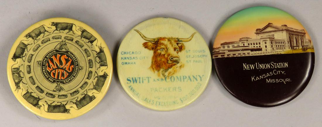 Antique Advertising Celluloid Pocket Mirror and Pin: Antique, Advertising Celluloid Pocket Mirror and Pin. New Union Station, Kansas City, MO pocket mirror. The Central Live Stock Market, Kansas City, MO pin. Swift & Co. Packers pocket mirror (mirror mi
