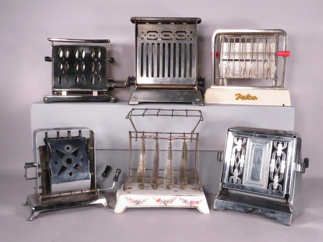Collection of 6 Vintage Toasters: Collection of 6 Vintage Toasters. From left to right, back to front. Marked as follow: AEG-chrome. Hotpoint with porcelain heating element. German made Jeka has crack on base front and back. Belgium m