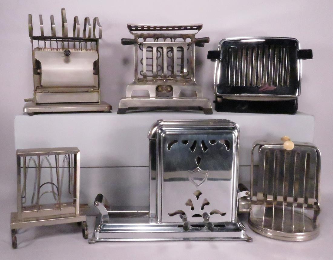Collection of 6 Vintage Toasters: Collection of 6 Vintage Toasters. From left to right, back to front. Marked as follow: Simplex model 215. American Ele-Trical, Detroit, American Beauty Model ca. 1912-15. German made Siemens chrome wi