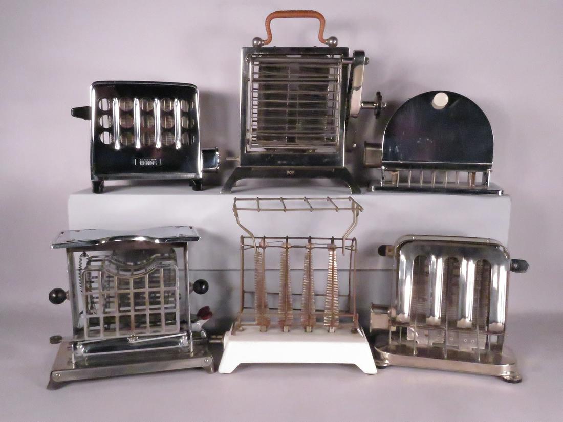 Collection of 6 Vintage Toasters: Collection of 6 Vintage Toasters. From left to right, back to front. Marked as follows: Made in Sweden Electro Helios. Nickel with wrapped handle stamped CST-DRPa. Beardsley & Wolcott Mfg. Co. ca. 192
