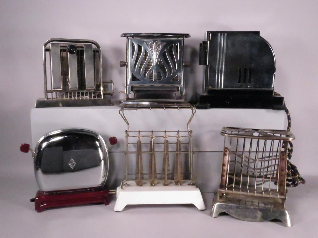 Collection of 6 Vintage Toasters: Collection of 6 Vintage Toasters. From left to right, back to front. Marked as follows: Unmarked, nickel with Bakelite knobs. Royal Rochester ca. 1930's. Prometheus type WRO Bakelite base and knobs. C