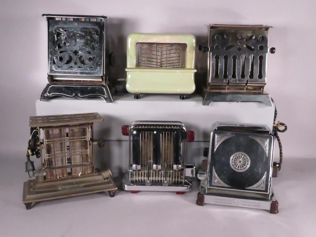 Collection of 6 Vintage Toasters: Collection of 6 Vintage Toasters. From left to right, back to front. Marked as follows: Edison Electric Appliance Co. attached cord. Pan Electric Mfg. Co. Toastrite ca. 1920's-30's green pearlized iri