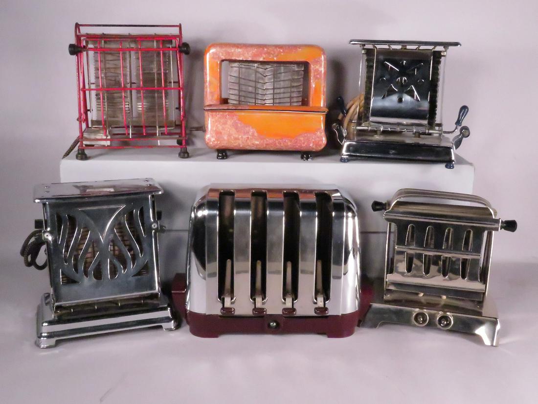 Collection of 6 Vintage Toasters: Collection of 6 Vintage Toasters. From left to right, back to front. Marked as follows: Steelcraft ca. 1920s red wire with attached cord. Pan Electric Mfg. Co. Toastrite ca. 1920's-30's rare orange pe