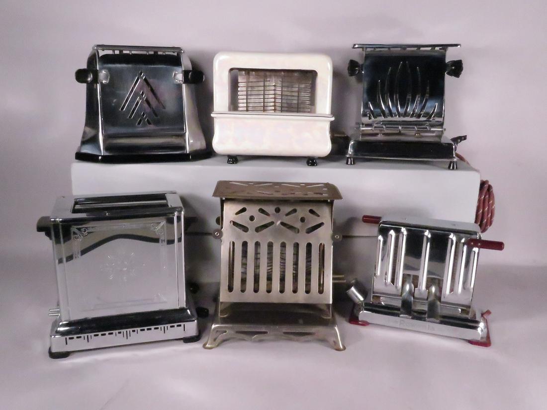 Collection of 6 Vintage Toasters: Collection of 6 Vintage Toasters. From left to right, back to front. Marked as follows: Nora with black base and knobs. Pan Electric Mfg. Co. Toastrite ca. 1920's-30's white pearlized iridescent porce