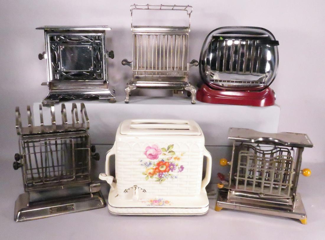 Collection of 6 Vintage Toasters: Collection of 6 Vintage Toasters. From left to right, back to front. Marked as follows: Manning-Bowman & Co. Homelectric ca. late 20's. Pelouze Mfg. Co. Chicago, nickel plated with ornate footed base,