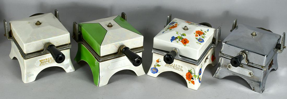 Collection of 6 Vintage Toasters: Collection of 4 Hostess Single Sandwich Makers, 1930's. All Rite Co. Pearlized iridescent porcelain, pearlized with green porcelain, porcelain with floral décor and all chrome model. 6 X 4 3/4 X 9 in