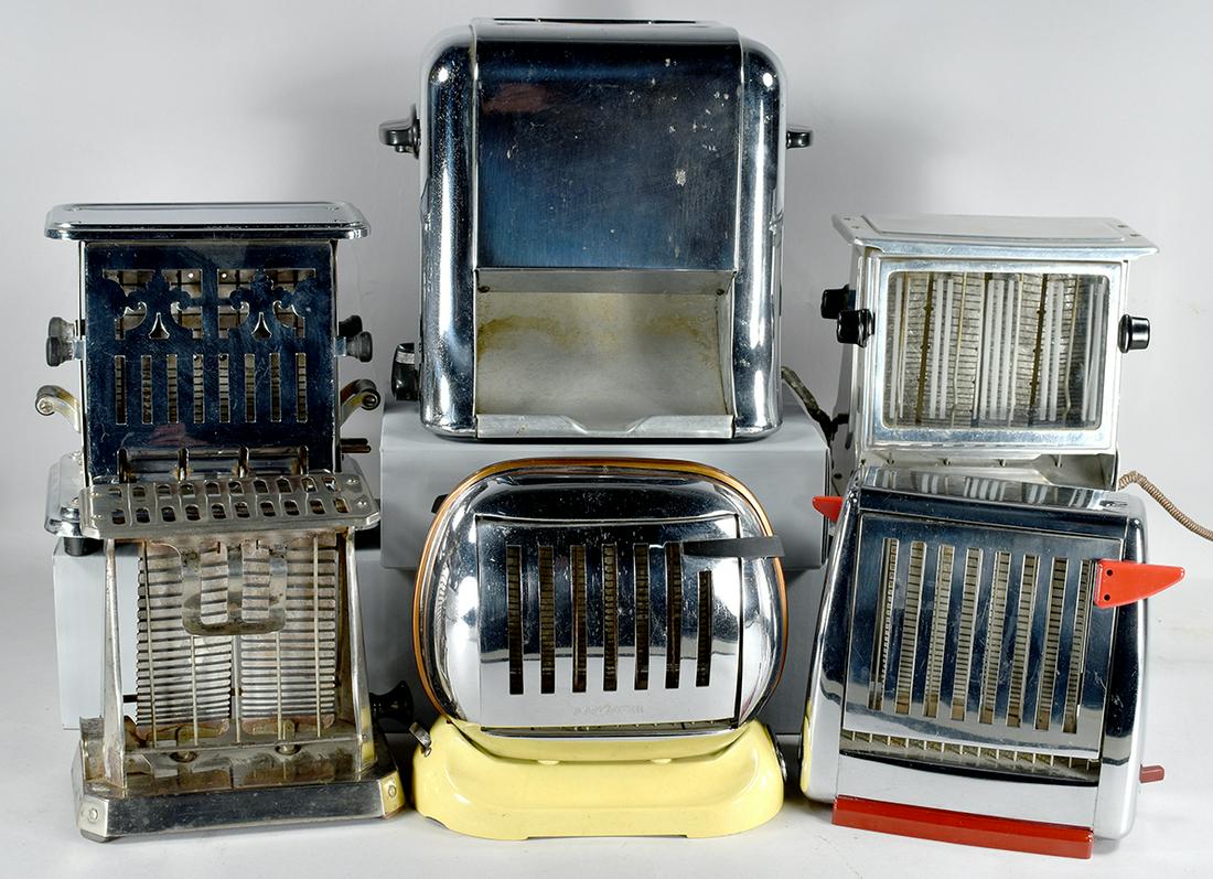 Collection of 6 Vintage Toasters: Collection of 6 Vintage Toasters. From left to right, back to front. Marked as follows: Edison Electric, black side knobs. Maybaum, yellow porcelain base. Rownenta, red handles and base, burgundy side