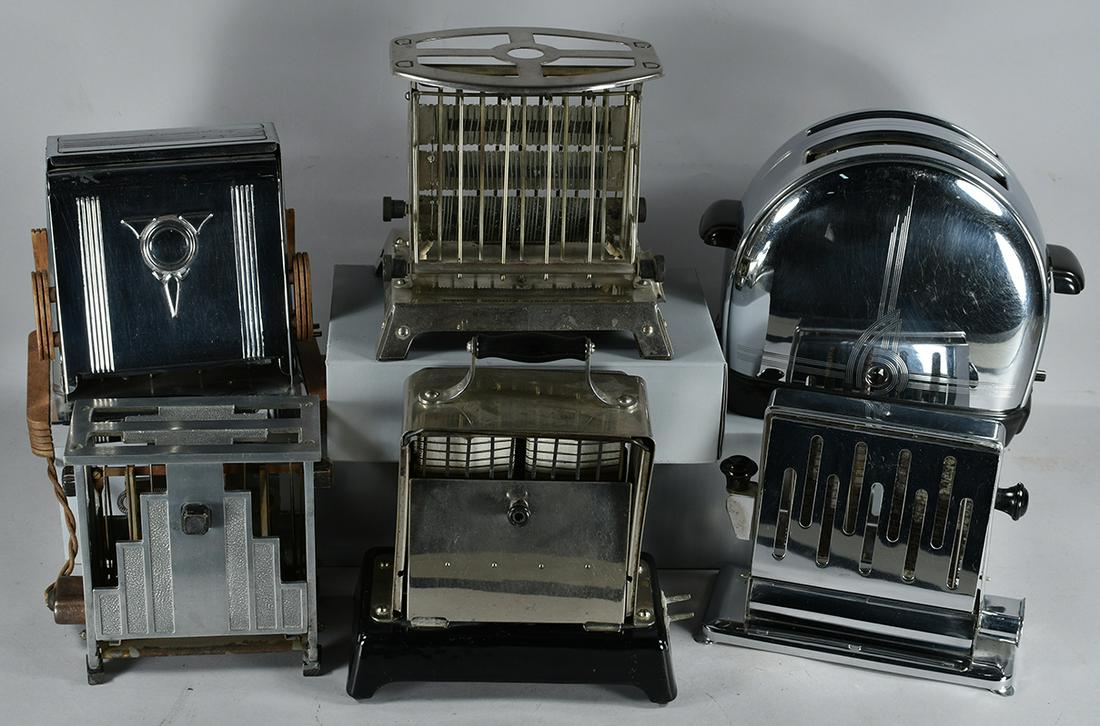 Collection of 6 Vintage Toasters: Collection of 6 Vintage Toasters. From left to right, back to front. Marked as follows: Elik deco style, cast aluminum. Simplex with black porcelain base. Steba, chrome with black Bakelite knobs. West