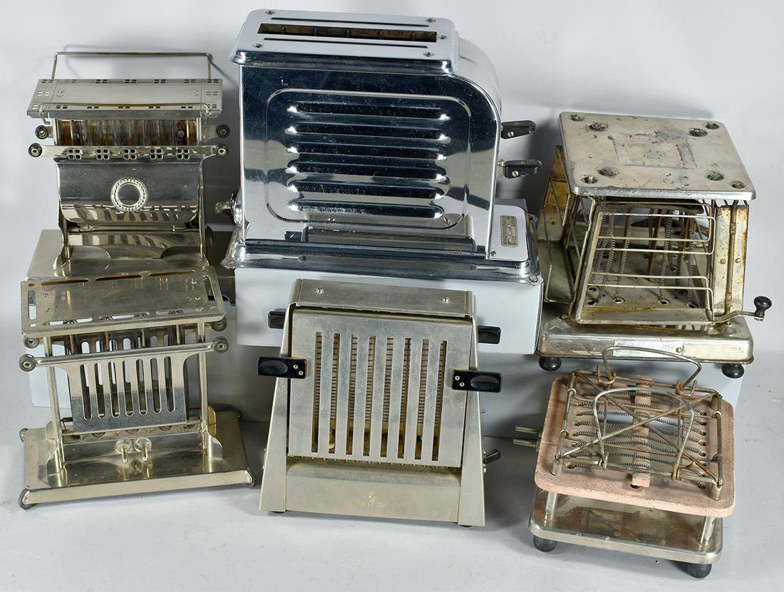 Collection of 6 Vintage Toasters: Collection of 6 Vintage Toasters. From left to right, back to front. Marked as follows: Landers Frary and Clark, Thermax, 1920's. Siemens-Type BR480. Redtop No. 101 flat toaster. No maker, nickel plat