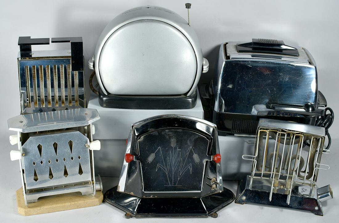 Collection of 6 Vintage Toasters: Collection of 6 Vintage Toasters. From left to right, back to front. Marked as follows: Arthaud-made in France. The Nelson Machine Mfg. Co. red bakelite knobs and wheat pattern on chrome. Rowenta-E654