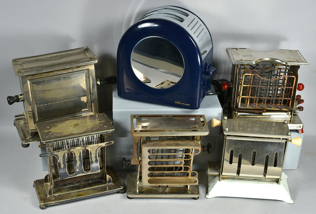 Collection of 6 Vintage Toasters: Collection of 6 Vintage Toasters. From left to right, back to front. Marked as follows: Landers Frary and Clark-Universal, engraved silver plate. Gold Seal Electric Co. 1920's. Elecarti-made in Hollan