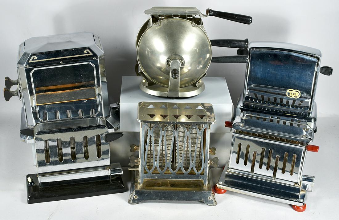 Collection of 6 Vintage Toasters: Collection of 6 Vintage Toasters. From left to right, back to front. Marked as follows: ABC, chrome with black Bakelite handles and base. Westinghouse Turnover Toaster, cat. TT-3. Omega-made in German