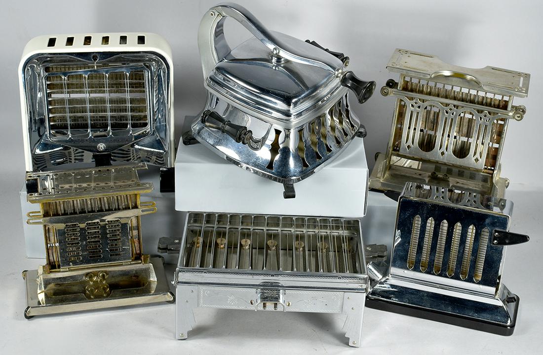 Collection of 6 Vintage Toasters: Collection of 6 Vintage Toasters. From left to right, back to front. Marked as follows: Landers Frary and Clark, Universal, No. E941. Sunbeam No. 4 flat toaster grill, engraved and nickel plated. No m