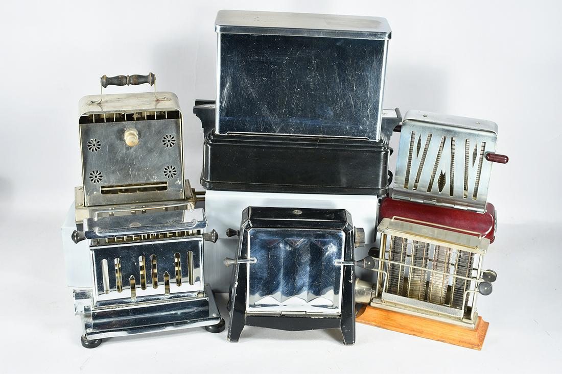 Collection of 6 Vintage Toasters: Collection of 6 Vintage Toasters. From left to right, back to front. Marked as follows: Omega-made in Germany, nickel plated with black Bakelite knobs and feet. Proctor Glow-Cone Automatic, model 1421