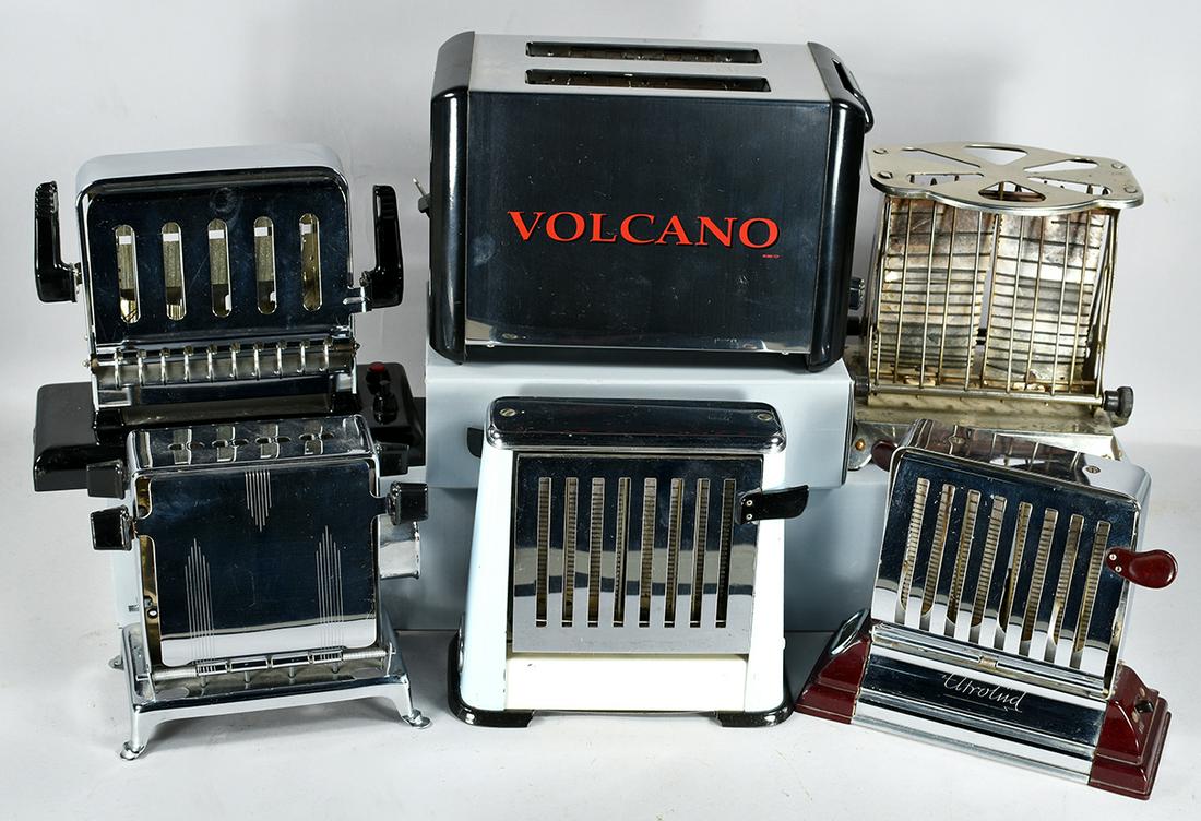 Collection of 6 Vintage Toasters: Collection of 6 Vintage Toasters. From left to right, back to front. Marked as follows: Kalorik-made in Belgium, nickel plated with black handles. Electoud-made in Europe, baby blue and almond. Electo