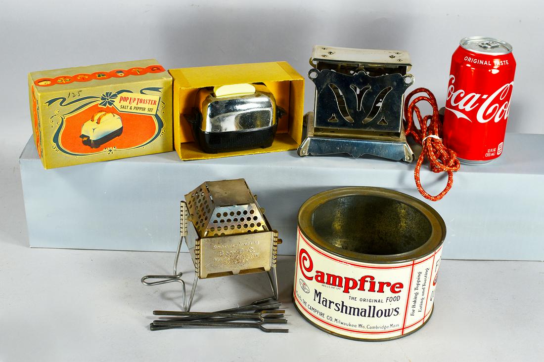 Collection of 4 Vintage Toaster Items: Collection of 4 Vintage Toaster Items. Excel Electric Co. Childs Jr. Toaster. Pop Up Toaster salt and pepper shakers in holiday gift box. Angelus Campfire Bar-b-q Marshmallow Roaster with 4 forks and