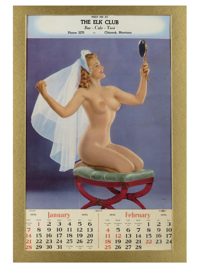 1951 Calendar for The Elk Club Chinook, Montana: 1951 Calendar for The Elk Club Chinook, Montana. Pin up girl with bridal veil. Professionally framed and matted. Excellent condition. 28 1/2 X 32 1/2 inches overall, 11 1/4 X 18 image only.