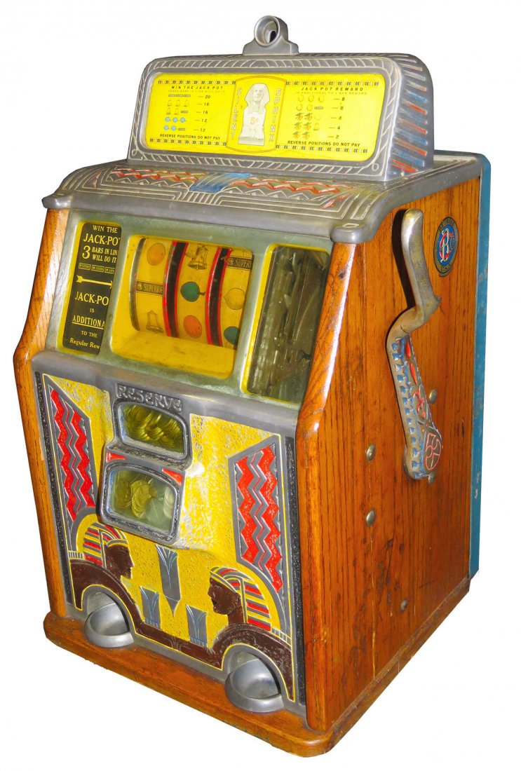 Coin Operated 5 Cent Caille Bros Sphinx Slot Machine: Coin Operated, 5 Cent Caille Bros Grand Slam 3 Reel Slot Machine, 1932. Sphinx front. Good original working condition(break mech. worn), comes with key.