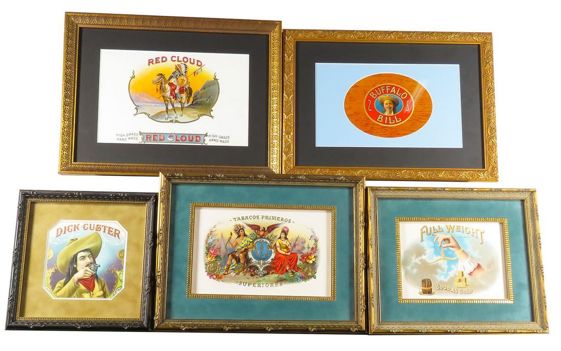 Collection of Five Vintage Cigar Box Labels: Collection of Five Vintage Cigar Box Labels. All professionally framed under glass. Dick Custer, Full Weight, Buffalo Bill, Tabaco's Primero's' and Red Cloud. Red Cloud measures 14 X 10 3/4 inches ove