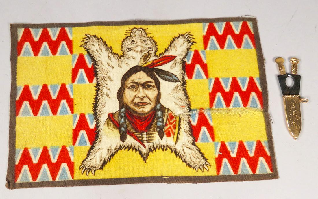 Antique 14k Cigar Tip Cutter and Tobacco Felt: Antique 14k Gold Cigar Tip Cutter and Tobacco Felt. Cutter marked Schreve & Co. with monogram "PRK", 1 1/2 inches long. Tobacco felt with Native American Indian image and motif has 3 inch tear at 3:00
