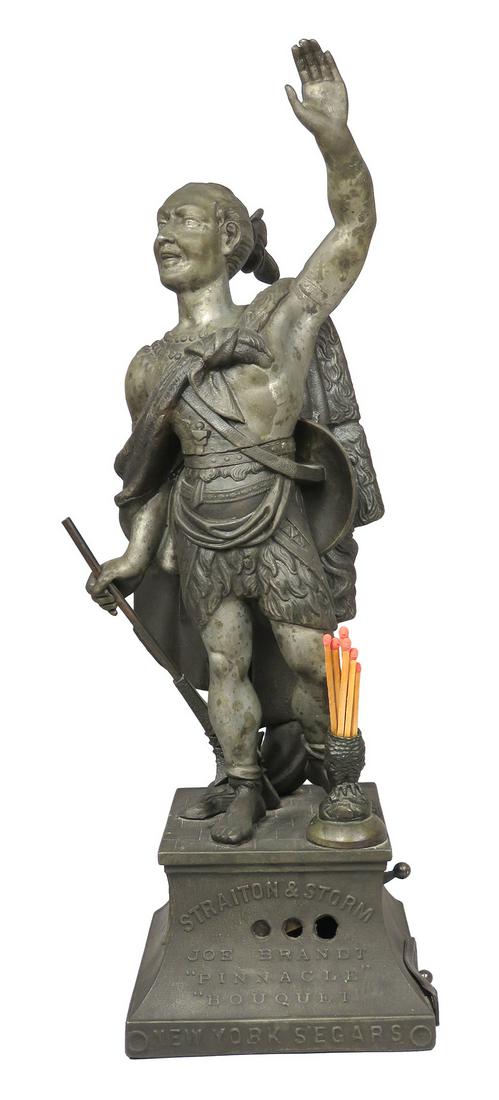 Straiton & Storm Figural Cigar Tip Cutter: Straiton & Storm Figural Cigar Tip Cutter and Match Holder. Embossed with Joe Brandt "Pinnacle Bouquet" New York Segars. Cast white metal, depiction Native American Warrior. 5 1/2 X 18 X 5 1/2 inches.