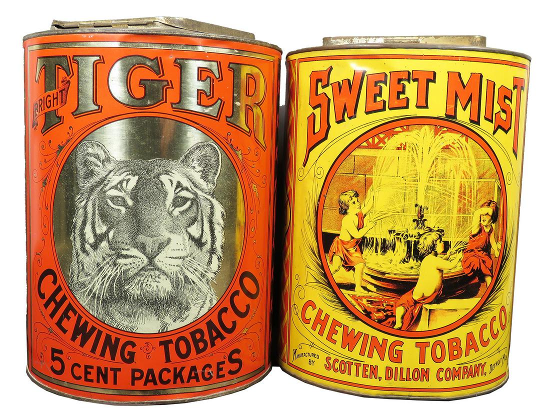 Two Large Store Chewing Tobacco Store Bins: Two Large, Store Chewing Tobacco, Store Bins. Tiger Bright Sweet, P. Lorillard Co. Jersey City, NJ., very good condition. Sweet Mis, Scotten, Dillon Co, Detroit, Mich., dents at top otherwise good con