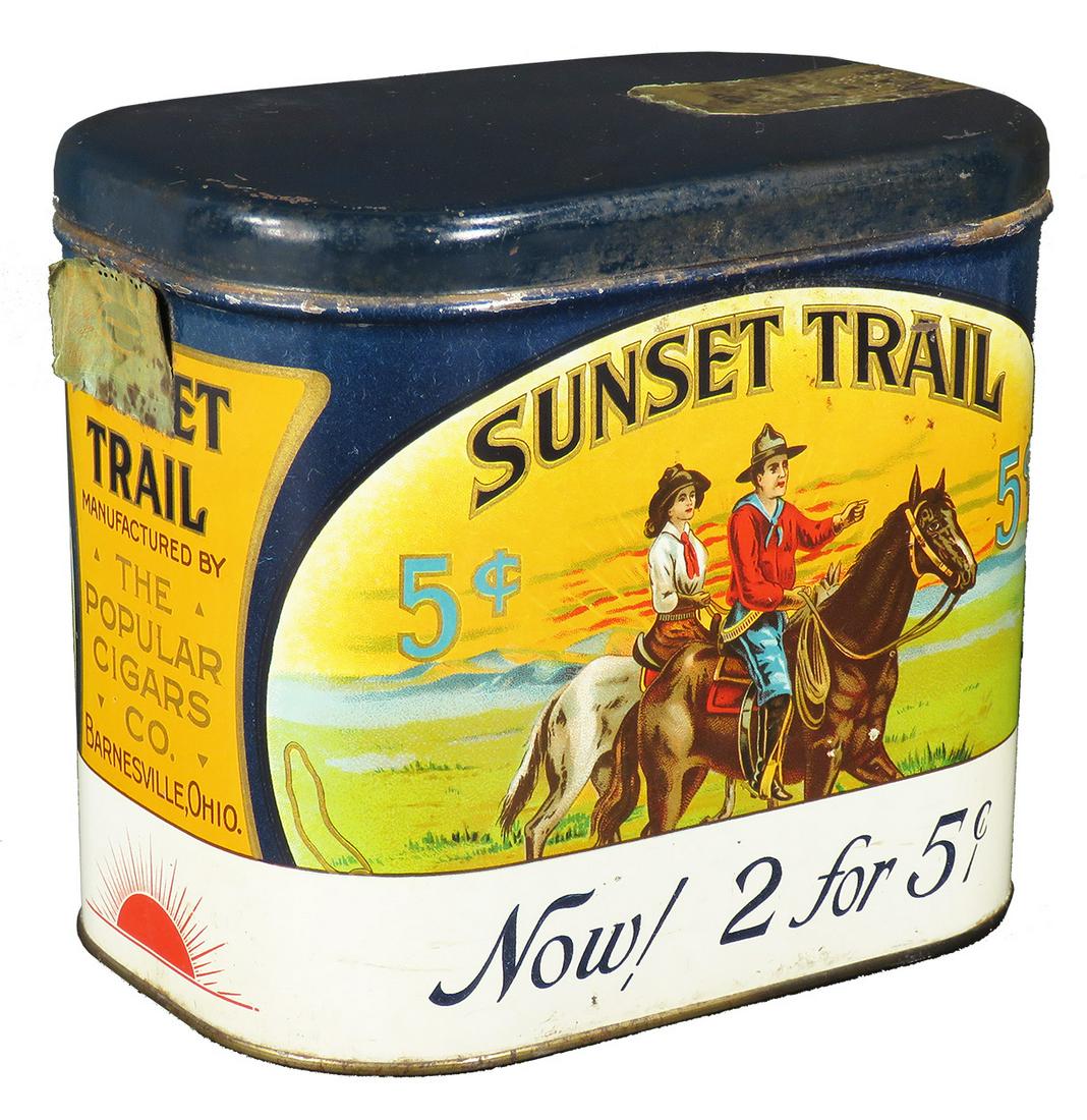 Rare Sunset Trail 50 Count 2 for 5 Cent Cigar Tin: Extremely Rare, Sunset Trail, 50 Count 2 for 5 Cent Cigar Tin with very rare litho, not paper, price snipe at bottom. The Popular Cigar Co. Barnsville, Ohio. The Meekin Can Co. Cin, O. For every 100 S