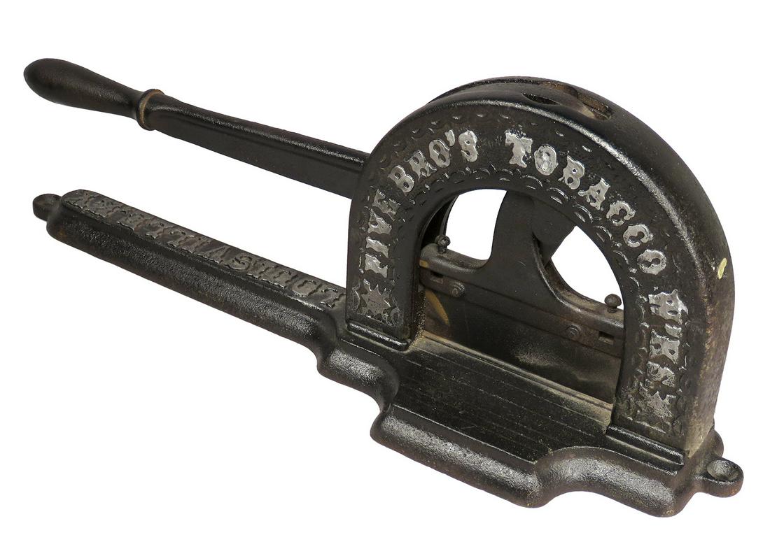 Five Bro: Five Bro's Tobacco W'ks Cast Iron Tobacco Plug Cutter, Louisville, KY. National Specialty Mfg. Co. Philadelphia, PA. 18 inches long.