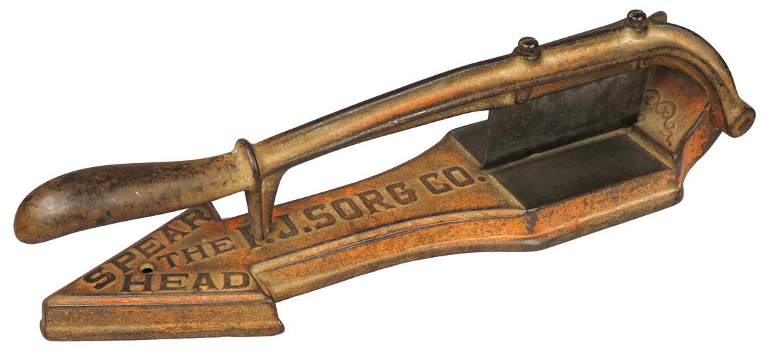 Spearhead Tobacco Cast Iron Plug Cutter: Spearhead Tobacco, Cast Iron, Tobacco Plug Cutter. Made by The Rogers Iron Co. Springfield, Ohio. Some original paint intact. 17 inches long.