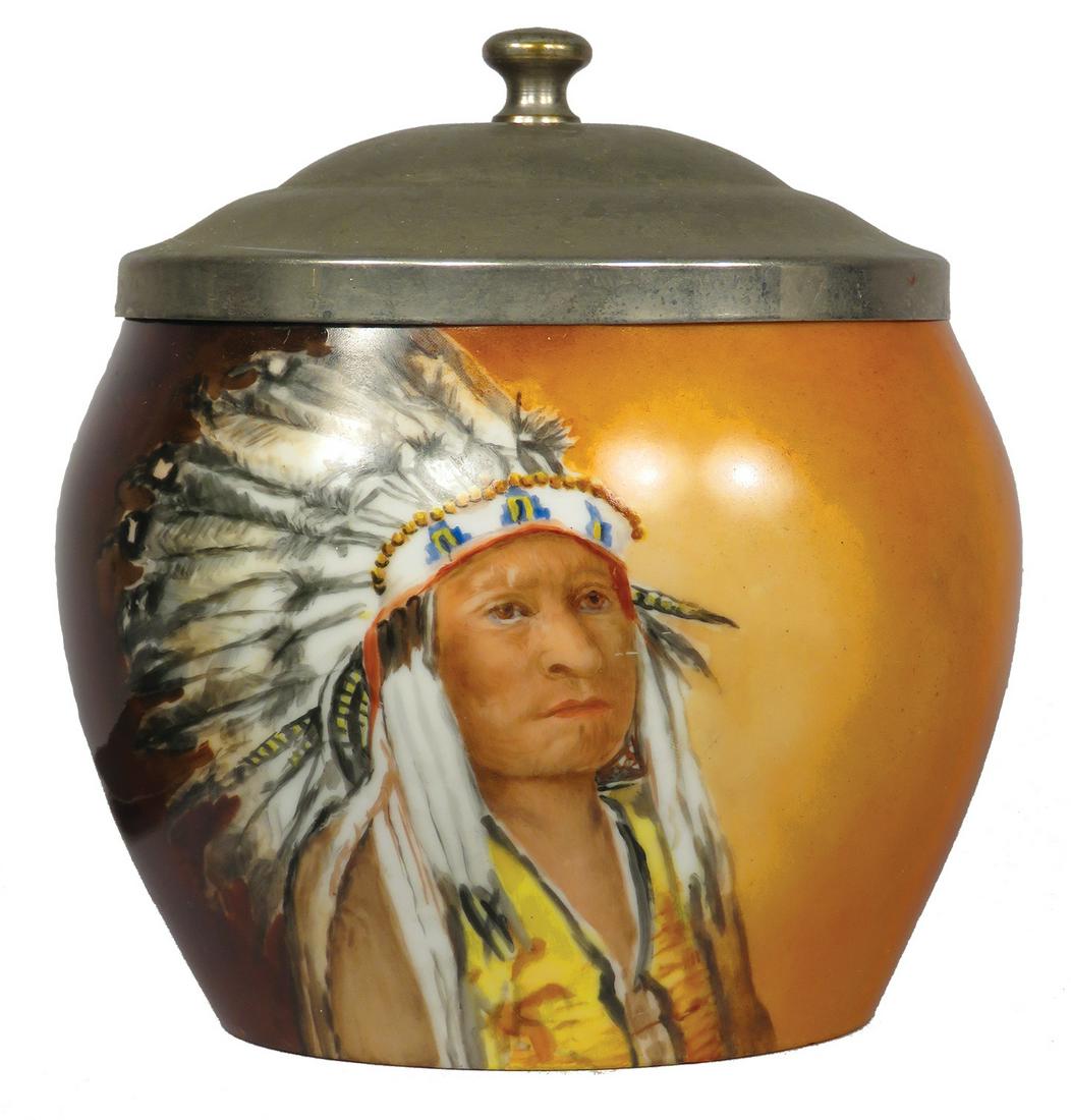 Limoges France, Antique Porcelain Tobacco Jar: Limoges France, Antique Porcelain Humidor Tobacco Jar. Native American Motif with nickel lid. No chips or cracks. 6 inches tall X 4 1/2 inch diameter.