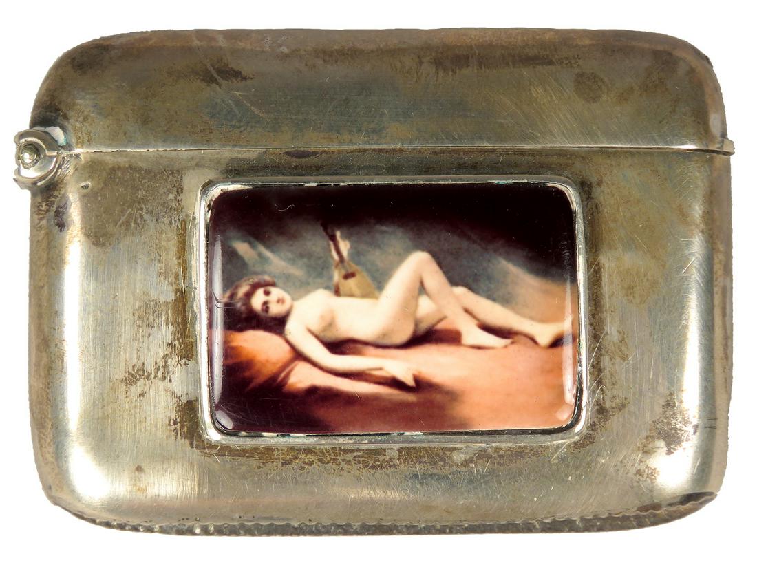 Antique Sterling Silver and Enamel Match Safe: Antique Sterling Silver and Enamel Match Safe. Reclining nude on enamel button. Stamped Sterling Silver. 2 1/4 X 1 1/2 inches.