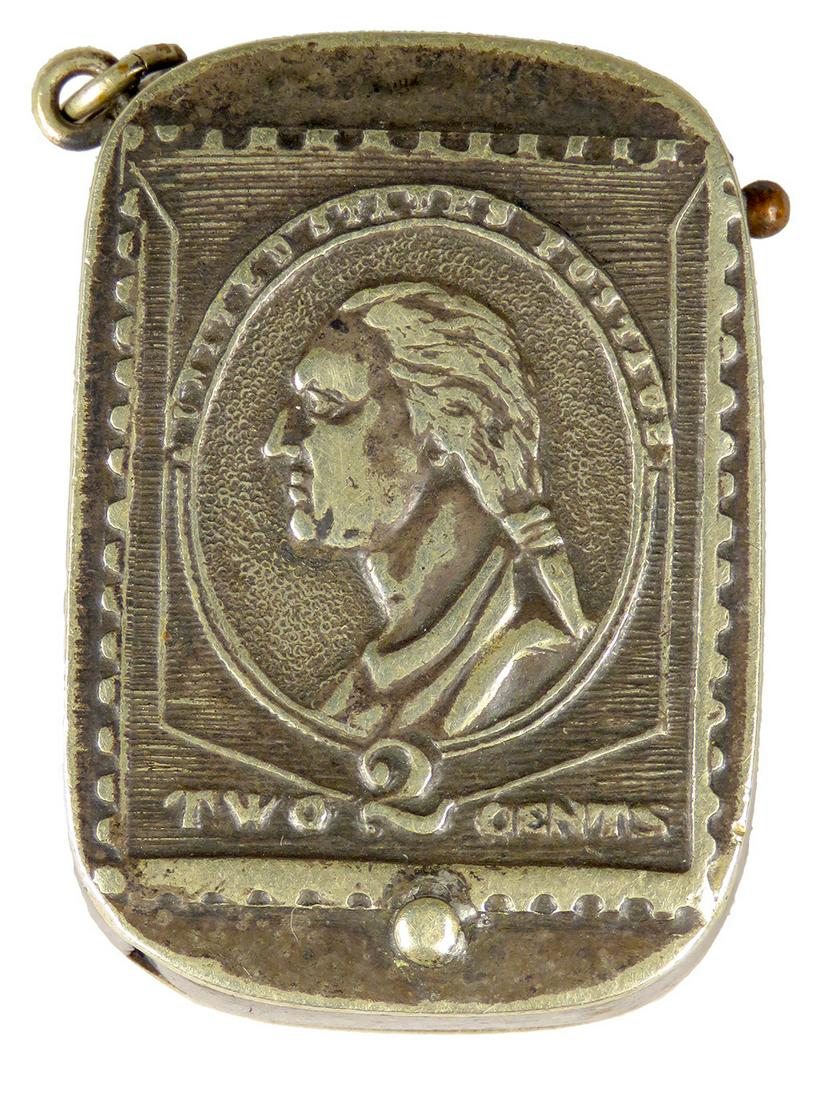 Antique Embossed Silver Plated Stamp Holder: Antique Embossed Silver Plated Stamp Holder. Fifty States Postage-Two Cents. 1 X 1 1/2 inches.