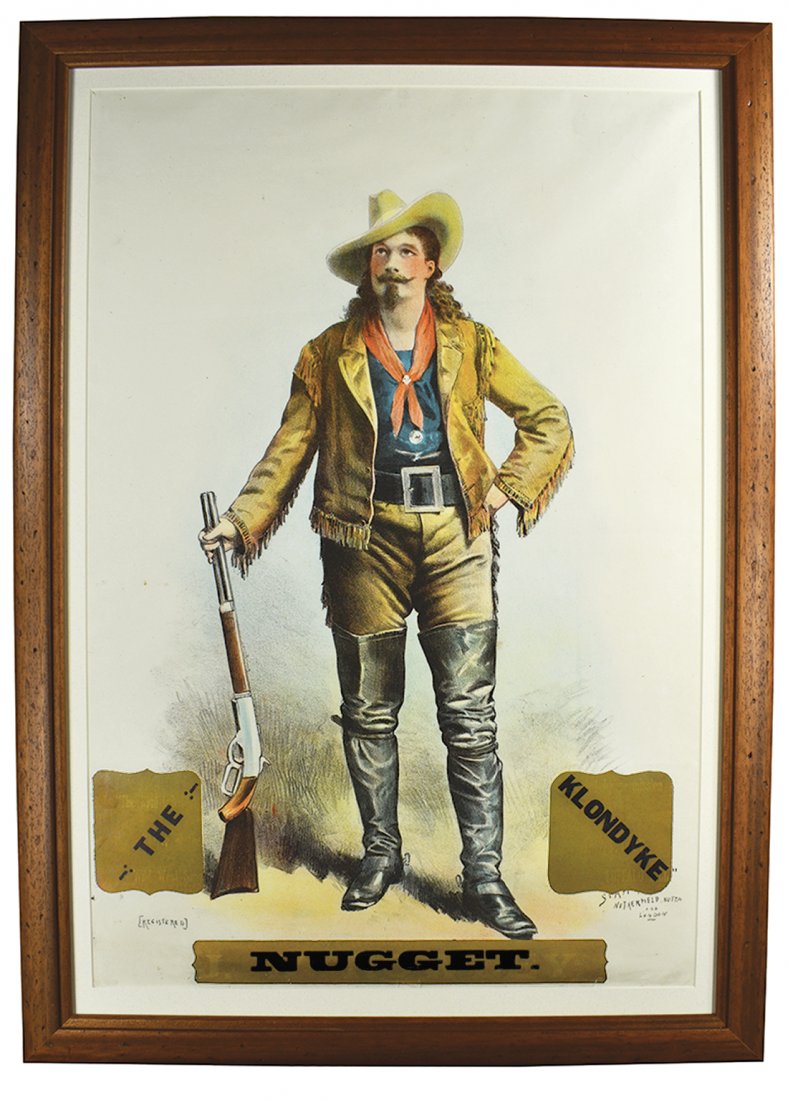 The Klondyke Nugget Cut Plug Tobacco Poster: The Klondyke Nugget Cut Plug Tobacco Poster depicting "The Hon. W.F. Cody, Buffalo Bill". Early lithograph. Professionally framed under glass in period frame. 19 1/4 X 29 1/2 image, 24 X 24 inches ove