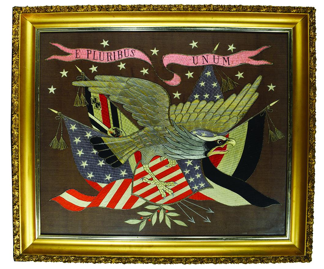 Patriotic Antique Silk Needlework Sampler: Patriotic Antique Silk Needlework Sampler with Eagle and Flags. Beautifully hand embroidered Americana image. Eagle has glass eyes. Framed under glass in period gesso. Excellent condition. 23 1/2 X 19