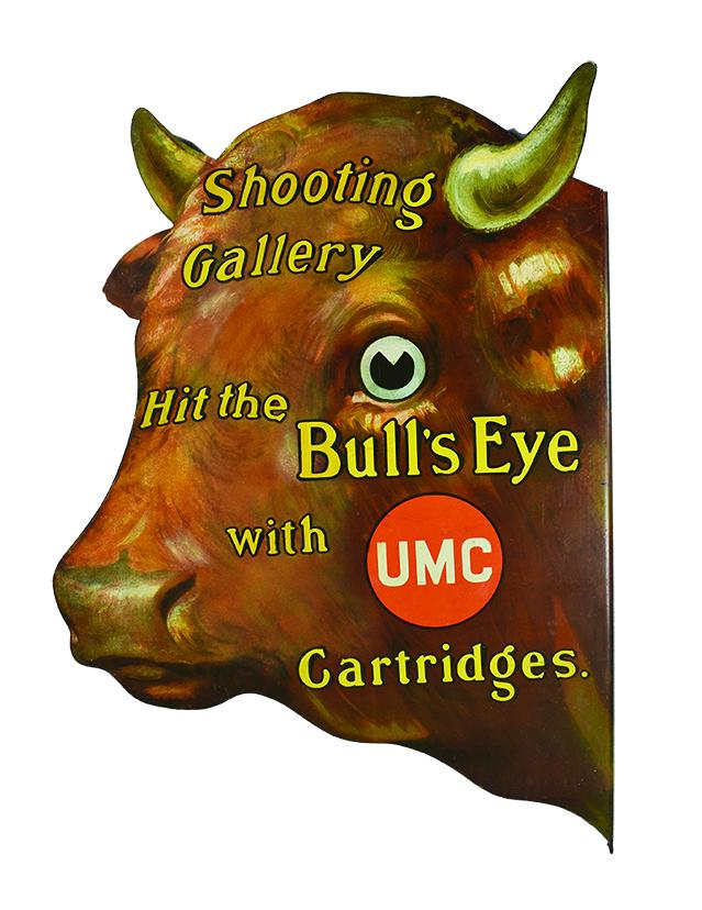 UMC Shooting Gallery "Bull" Die Cut Tin Flange Sign: Very Rare, UMC Shooting Gallery "Bull" Die Cut Tin Flange Sign. Very good condition with some minor touch-up. 18 X 26 3/4 inches.