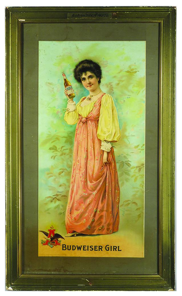 1904 Budweiser "Girl" Cardboard Advertising Sign: 1904 Budweiser "Girl" Cardboard Advertising Sign. Anheuser-Busch Ass'n, St Louis. Original care and display information on back. Framed under glass in original frame, has edgewear. Water stains in per