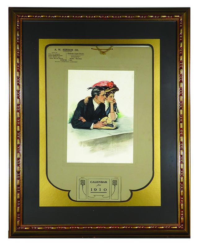 1910 Calendar for A.W. Kenison Co. Liquor Dealers: 1910 Calendar for A.W. Kenison Co. Liquor Dealers, Auburn, Calif. Image entitled, "Looking Ahead". String hanging, full pad with dust cover. Professionally matted and framed under glass. 25 1/2 X 31 1