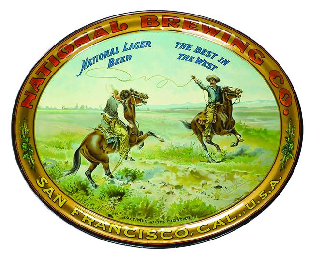 National Lager Beer "The Best in the West" Serving Tray: 1903 National Lager Beer "The Best in the West" Tin Serving Tray. National Brewing Co. San Francisco, Cal. Entitled, "Pastimes on the Frontier". Very minor edgewear otherwise excellent condition. 16 1