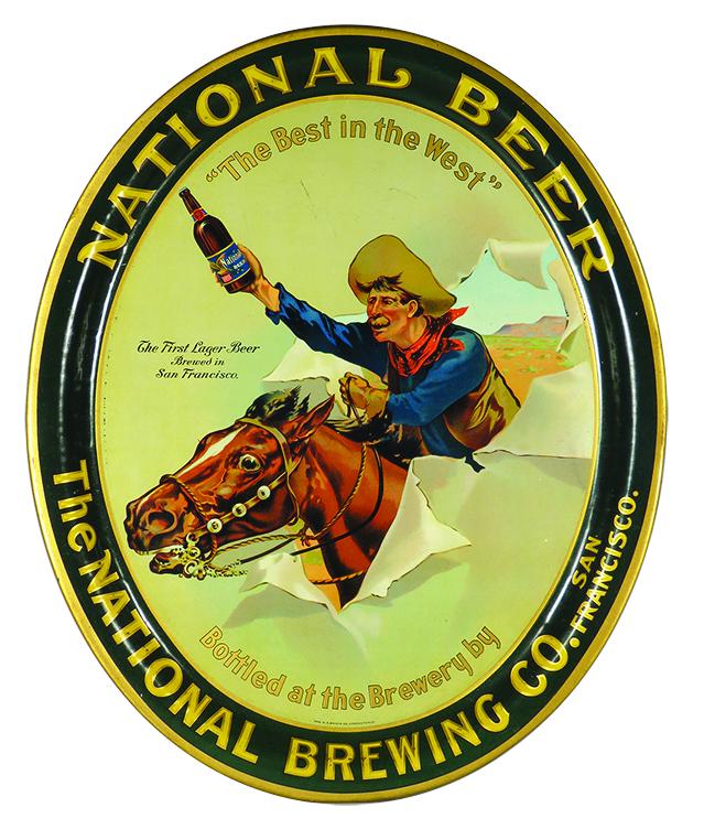 National Beer "The Best in the West" Tin Serving Tray: National Beer "The Best in the West" Advertising Tin Serving Tray, better know as "Bustin' through". The National Brewing Co. San Francisco, Cal. Some small perimeter rubs otherwise excellent conditio