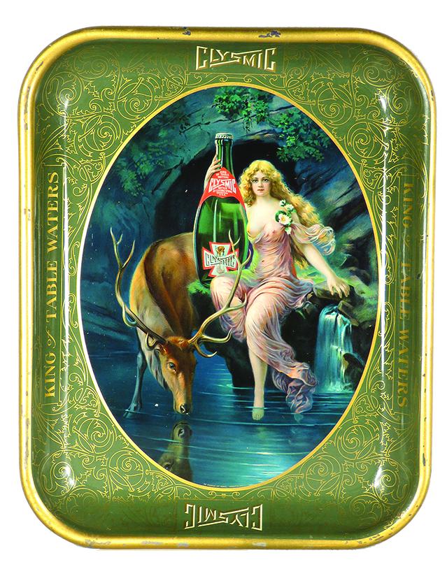 Clysmic Table Water Advertising Tin Serving Tray: Clysmic Table Water Advertising, Tin Serving Tray. Depicting sheerly dressed beauty and elk. Edgewear otherwise excellent condition. 10 1/2 X 13 1/4 inches.