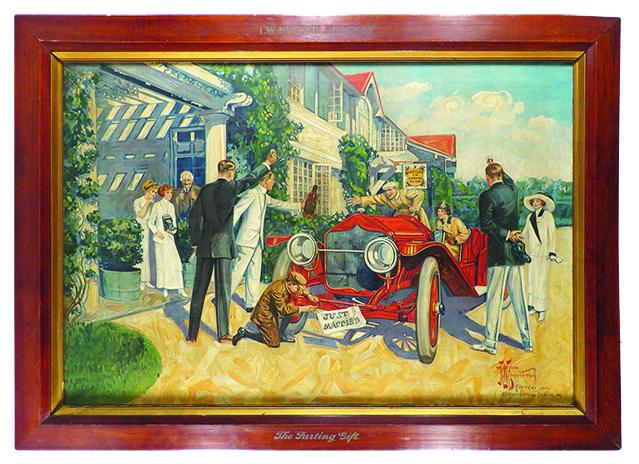 1912 I.W. Harper Whiskey Canvas Advertising Sign: 1912 I.W. Harper Whiskey, Giclee Canvas Advertising Sign, in original frame. Berkheim Distilling Company Inc. Entitled, "A Parting Gift", depicting bride and groom getting a proper send off. Beautiful