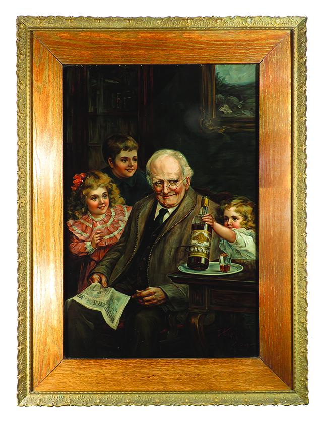 I.W. Harper Reverse Glass Advertising Sign: I.W. Harper, Reverse Glass Advertising Sign. Depicting Grandpa and children. Original Oak Frame. Excellent condition. 23 1/2 X 35 1/2 image only, 34 X46 inches overall.